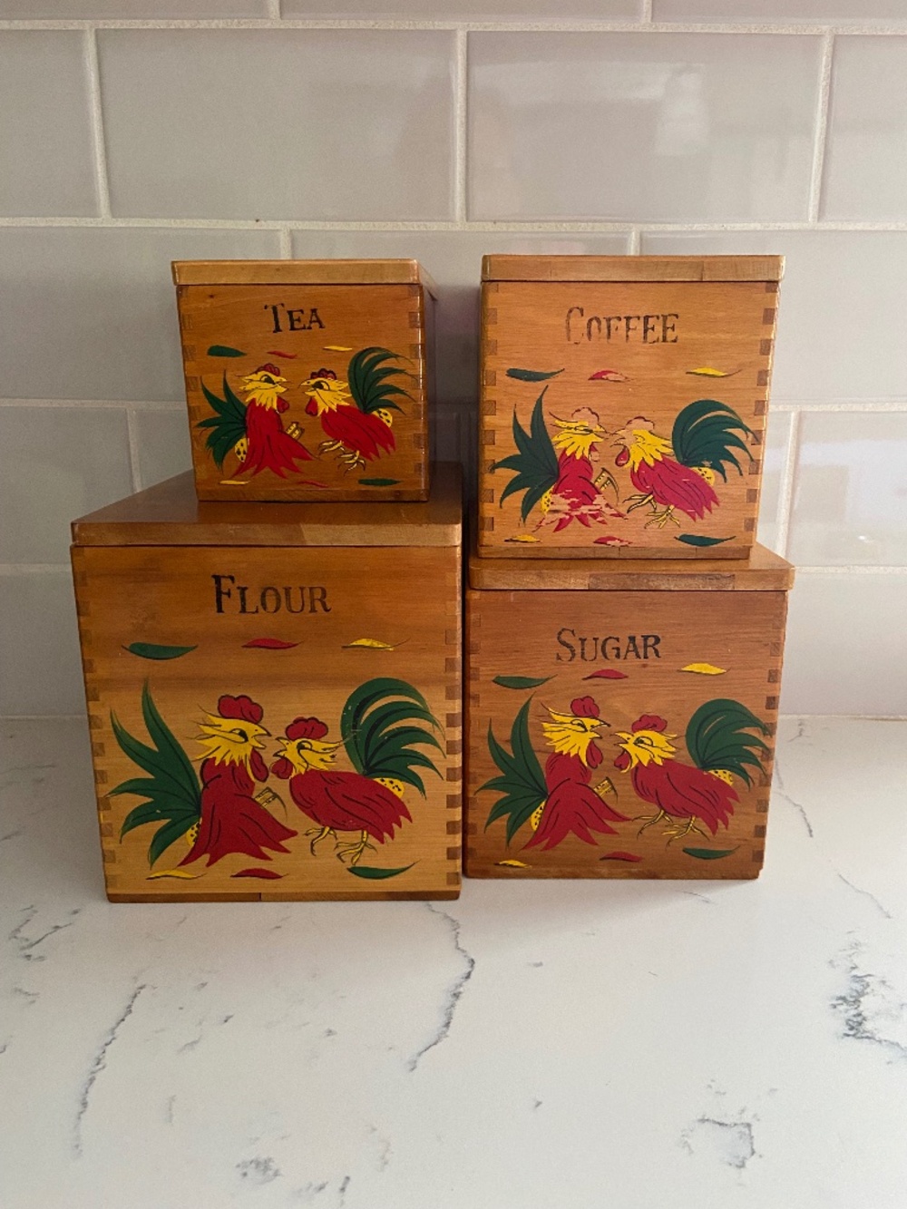 Vintage Rooster Wooden Nesting Canister Set 4 Dovetail Kitchen